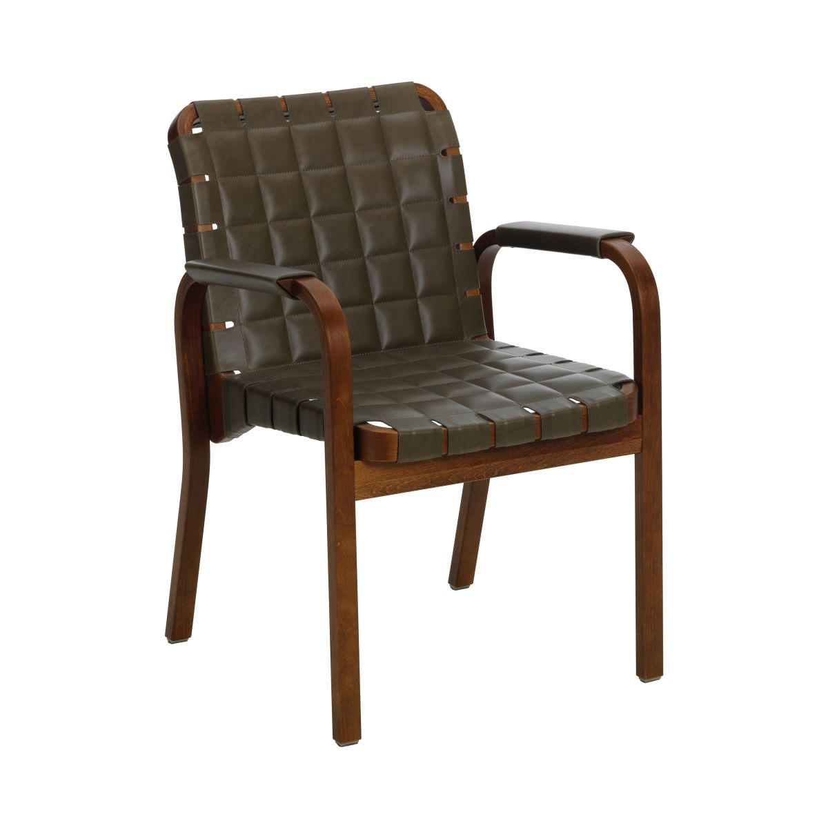 Armchair 45 walnut stained, quilted leather olive, leather flat wrap armrests cut-out