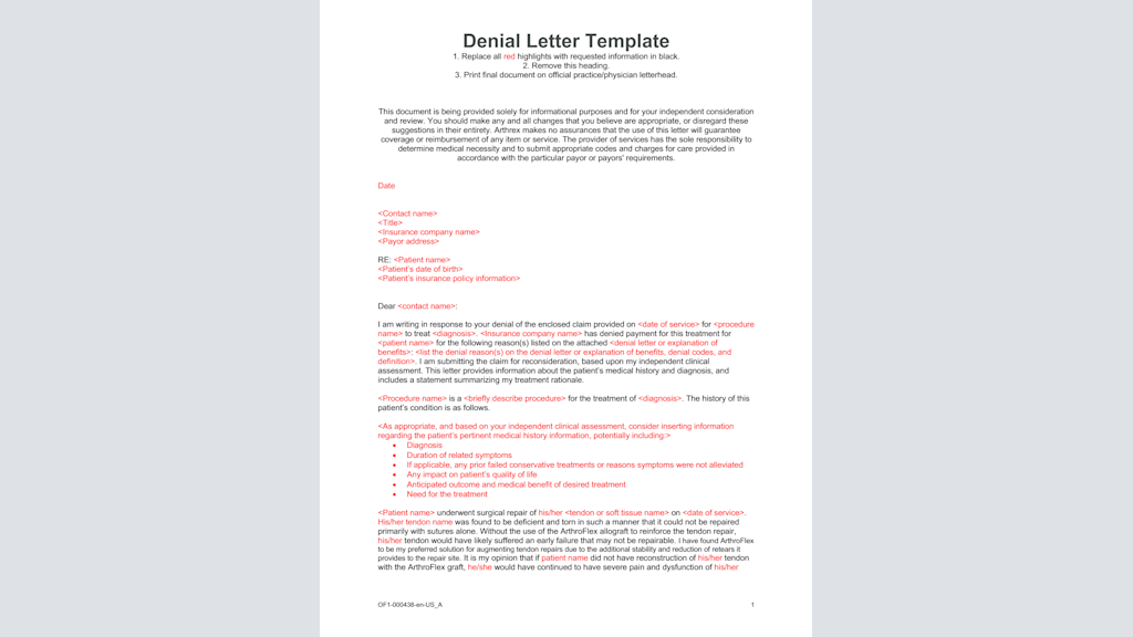 Rotator Cuff Repair with ArthroFlex Denial Appeal Template