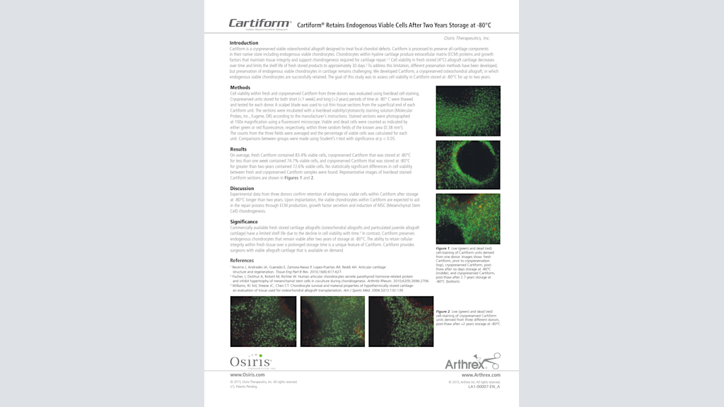 Cartiform® Retains Endogenous Viable Cells After Two Years Storage at -80 degrees C