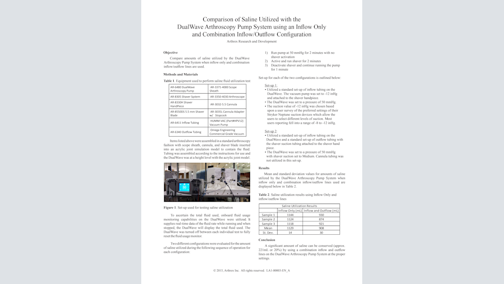 Comparison of Saline Utilized with the DualWave Arthroscopy Pump System using an Inflow Only and Combination Inflow/Outflow Configuration