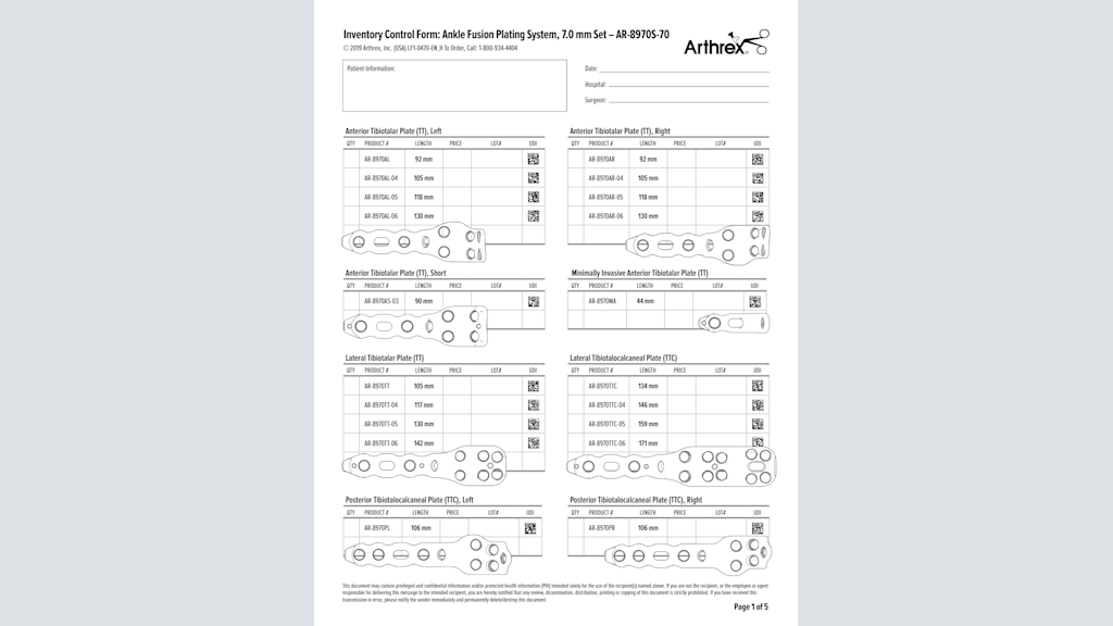 Inventory Control Form: Ankle Fusion Plating System, 7.0 mm Set - AR-8970S-70