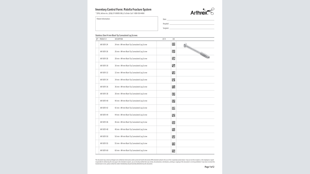 Inventory Control Form: Patella Fracture System