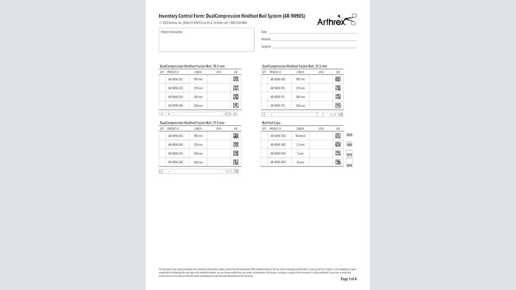 Inventory Control Form: DualCompression Hindfoot Nail System (AR-9090S)