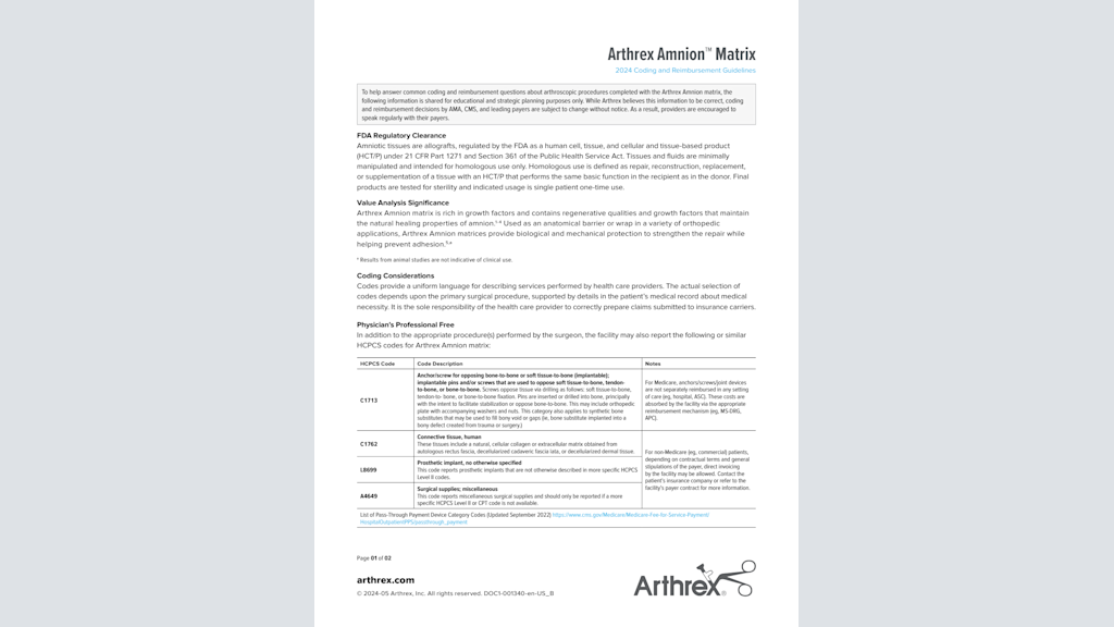 Arthrex Amnion™ Matrix 2024 Coding and Reimbursement Guidelines