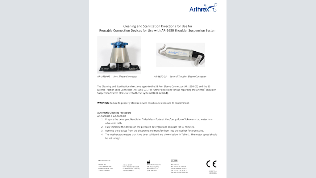 Cleaning and Sterilization Directions for Use for Reusable Connection Devices for Use with AR-1650 Shoulder Suspension System