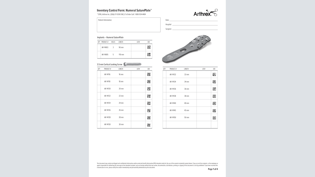 Inventory Control Form: Humeral SuturePlate™