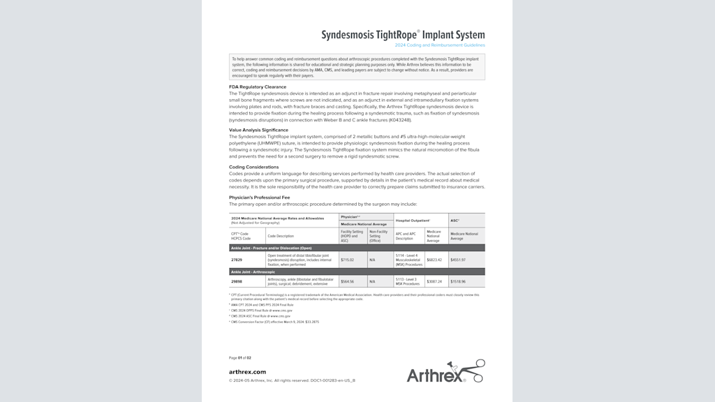 Syndesmosis TightRope® Implant System - 2024 Coding and Reimbursement Guidelines