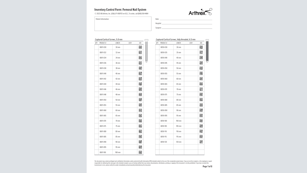 Inventory Control Form: Femoral Nail System