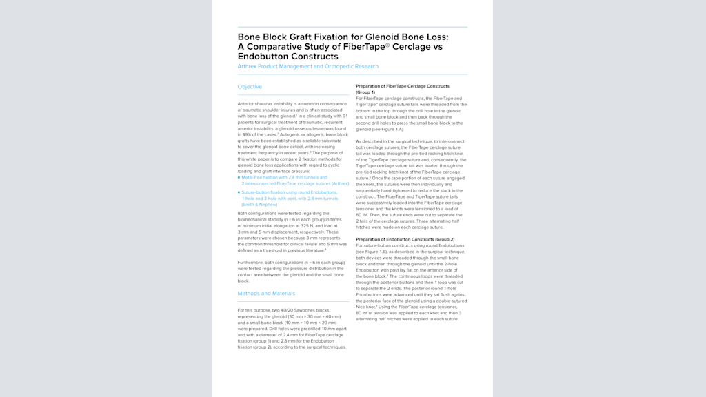 Bone Block Graft Fixation for Glenoid Bone Loss: A Comparative Study of FiberTape® Cerclage vs Endobutton Constructs