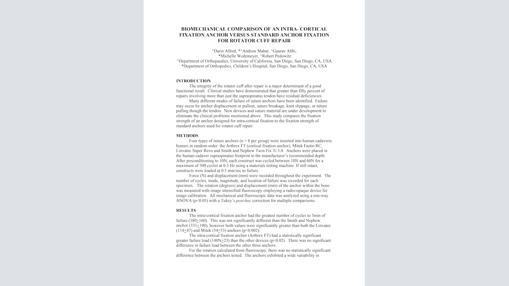 Biomechanical Comparison of an Intra-Cortical Fixation Anchor Versus Standard Anchor Fixation for Rotator Cuff Repair