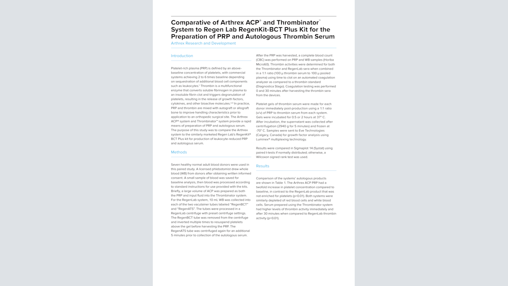 Comparative of Arthrex ACP® and Thrombinator™ System to Regen Lab RegenKit-BCT Plus Kit for the Preparation of PRP and Autologous Thrombin Serum