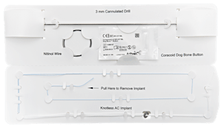 Knotless AC TightRope System Includes clavicle button implant, Dog Bone Button, Nitinol Wire Loop, and 3 mm cannulated drill