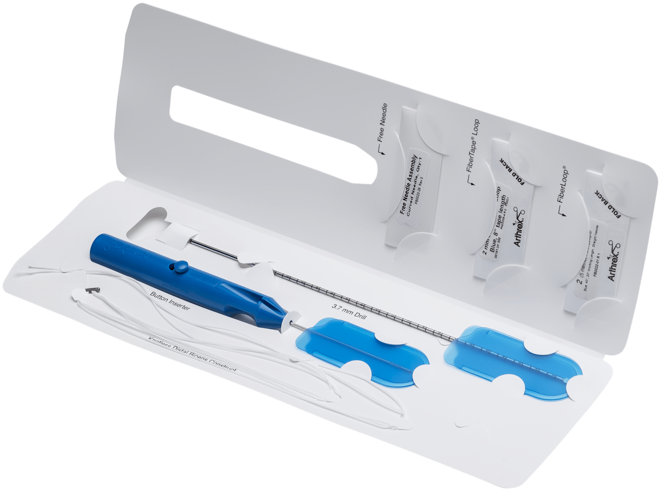 Knotless Distal Biceps Implant System (Includes: Knotless BicepsButton Implant, Button Inserter, 3.2 mm Drill Pin, FiberTape Loop, #2 FiberLoop, and Curved Free Needle)