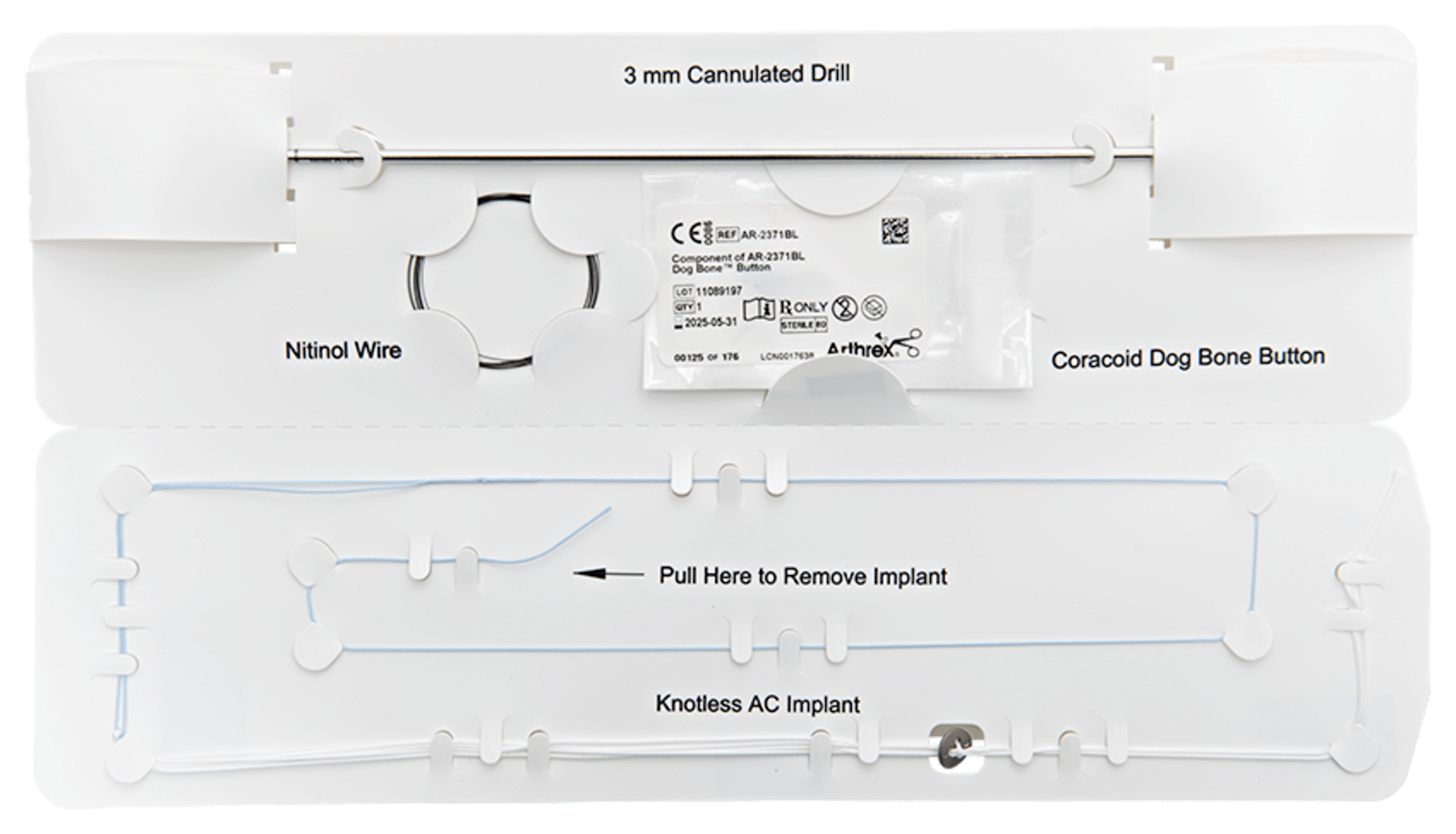 Knotless AC TightRope System Includes clavicle button implant, Dog Bone Button, Nitinol Wire Loop, and 3 mm cannulated drill