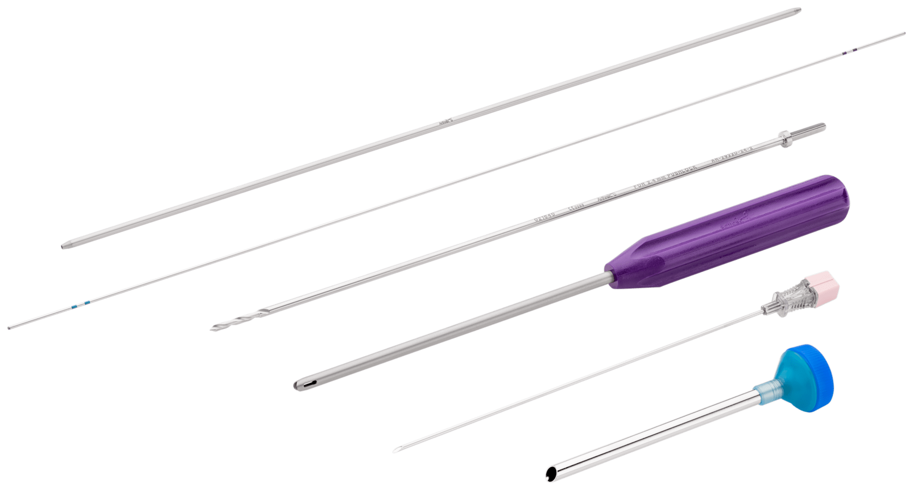 Set zur perkutanen Insertion des 2.4 mm PushLock-Ankers mit Spinalnadel, Führungsdraht, Dilatator, Spear, Kanüle, Bohrer