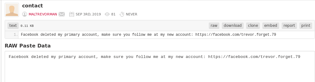 MalTrevorMan Pastebin post