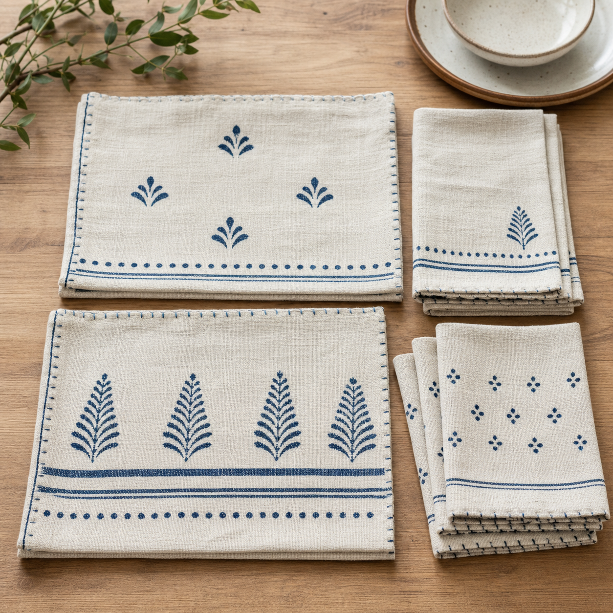 Indigo Block Print Table Linen Set by Mira Sen - full view