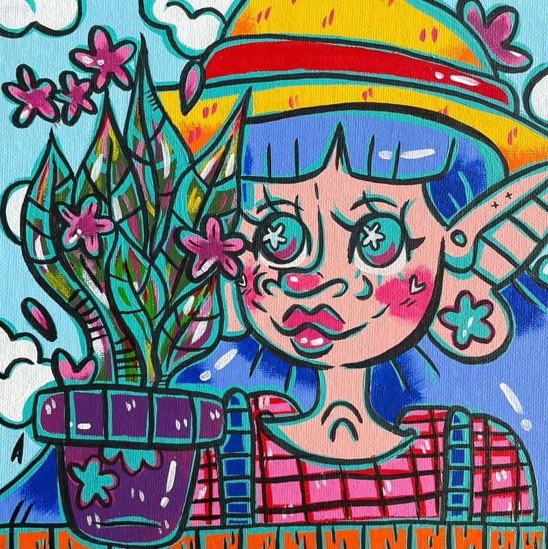 lil farmer girl admiring her weird colourful plant painting 8x8"