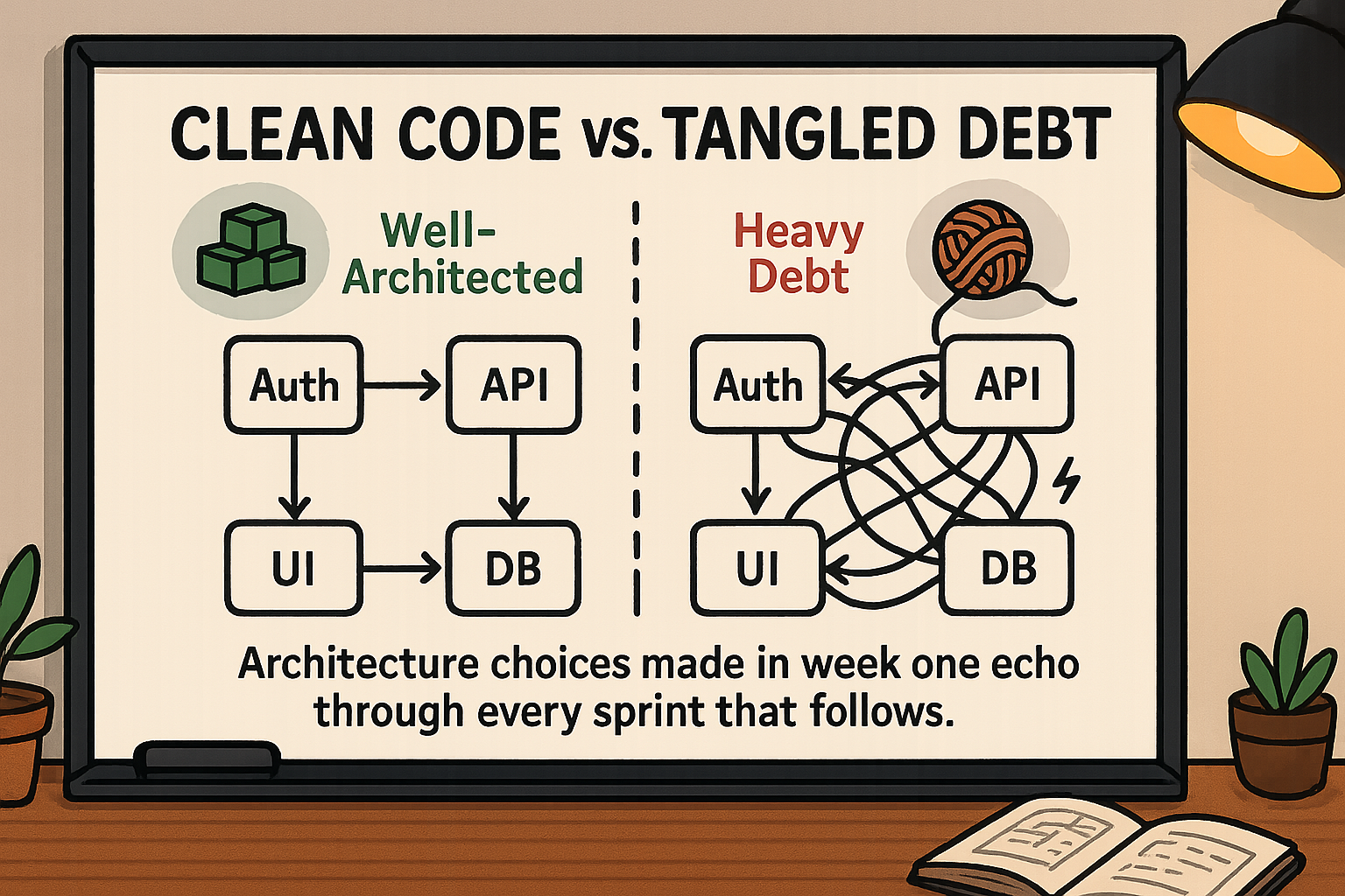 Whiteboard split diagram comparing a clean modular codebase to a tangled technical debt codebase with crossing arrows and war