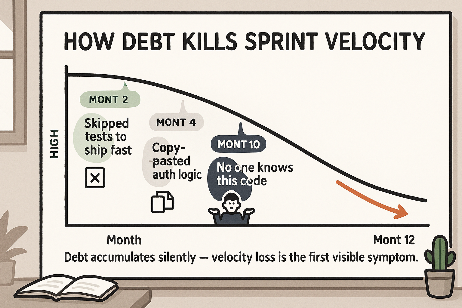 Whiteboard timeline diagram showing startup sprint velocity declining over 12 months as technical debt accumulates through sh