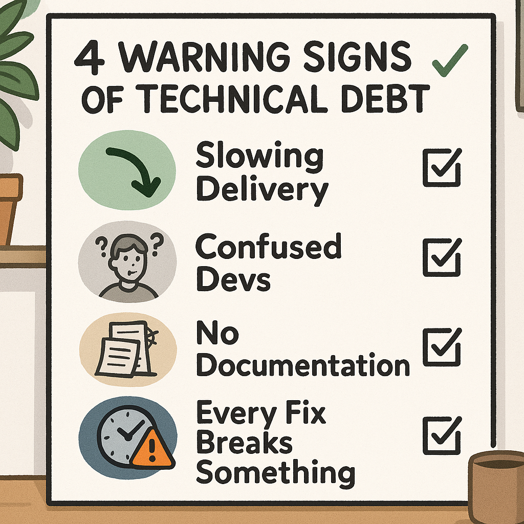 Whiteboard checklist infographic showing four warning signs of technical debt: slowing delivery, confused devs, no documentat