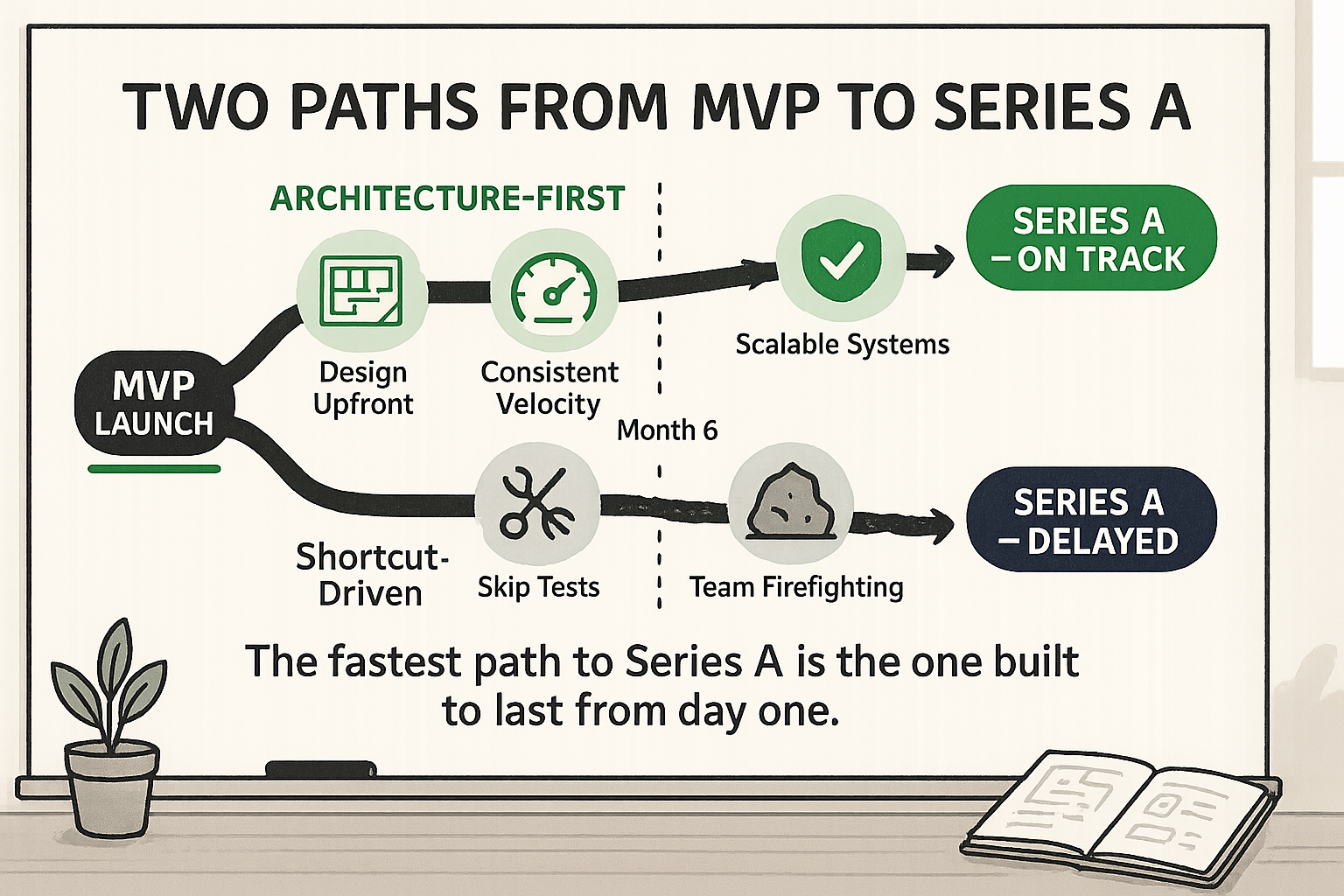 Whiteboard diagram comparing two startup paths from MVP to Series A — architecture-first vs. shortcut-driven — showing how te