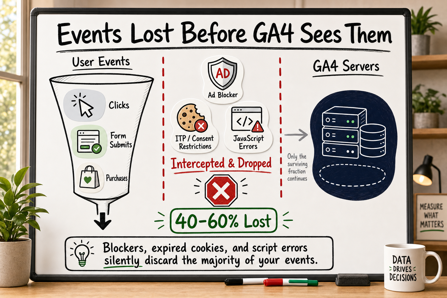 Whiteboard diagram showing how 40–60% of GA4 events are intercepted and dropped before reaching GA4 servers.