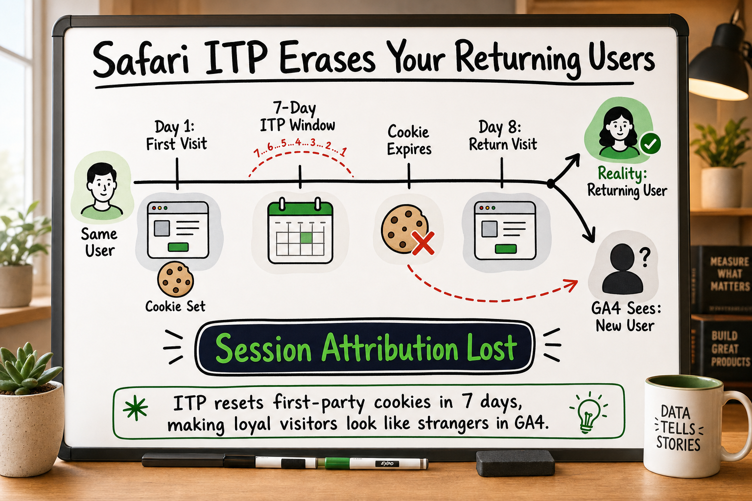Whiteboard timeline showing Safari ITP cookie expiry causing GA4 to misidentify returning users as new users.