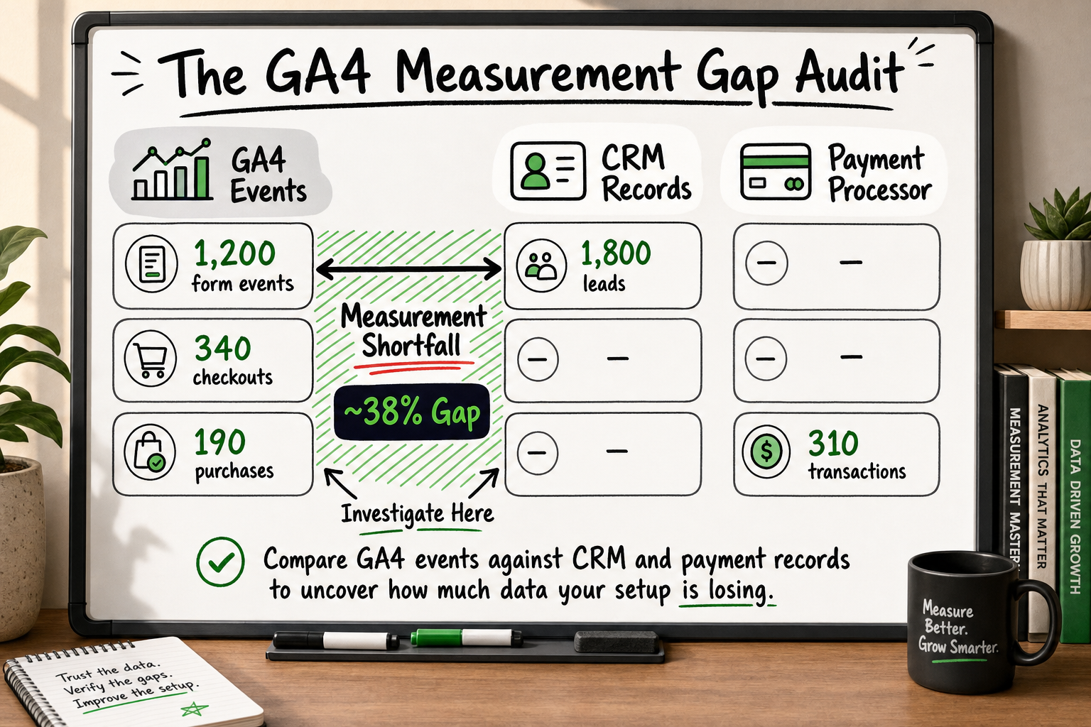Whiteboard three-column audit checklist comparing GA4 events with CRM and payment records to reveal a measurement gap.