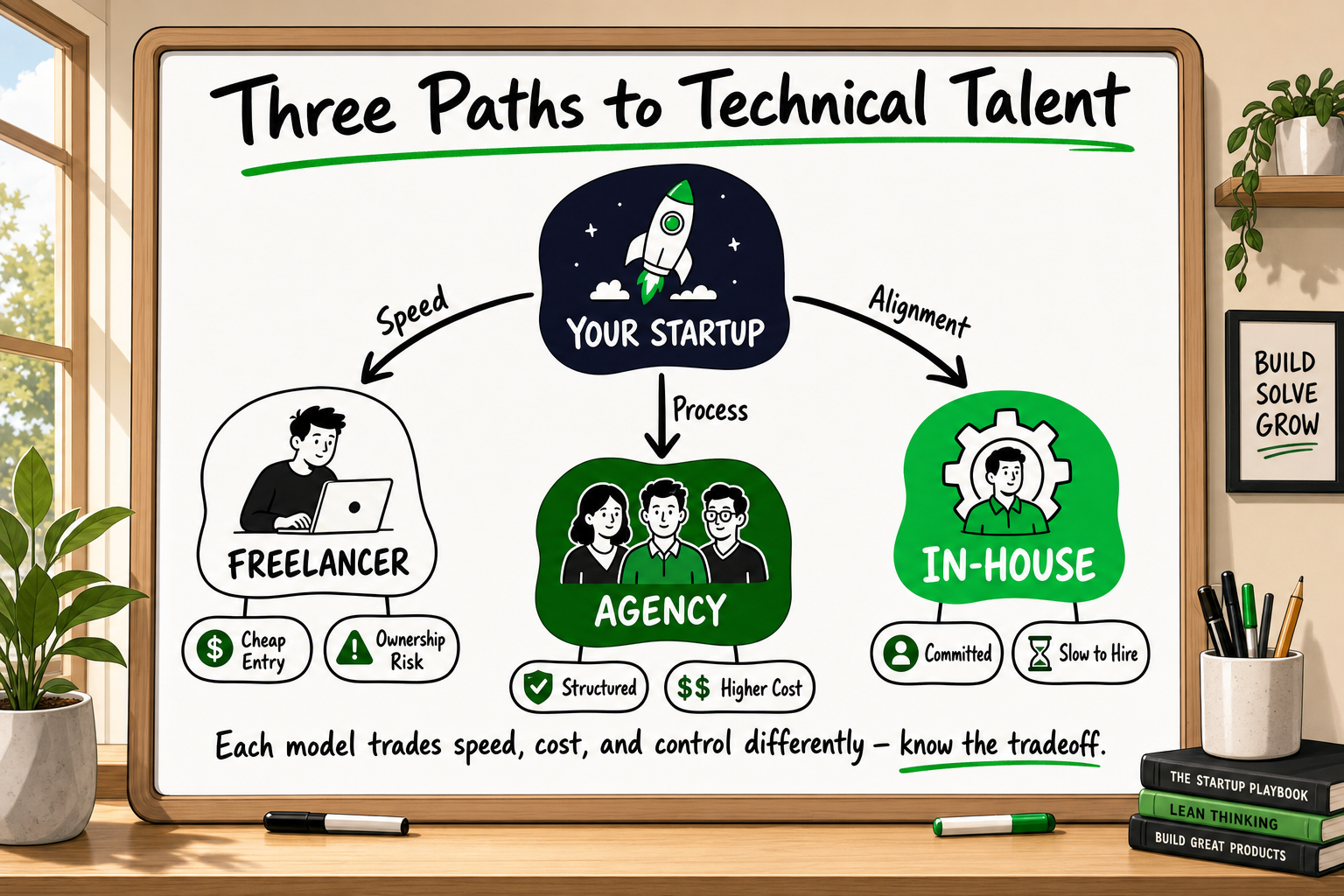 Whiteboard split-path diagram comparing freelancer, agency, and in-house engineer staffing options for startups.