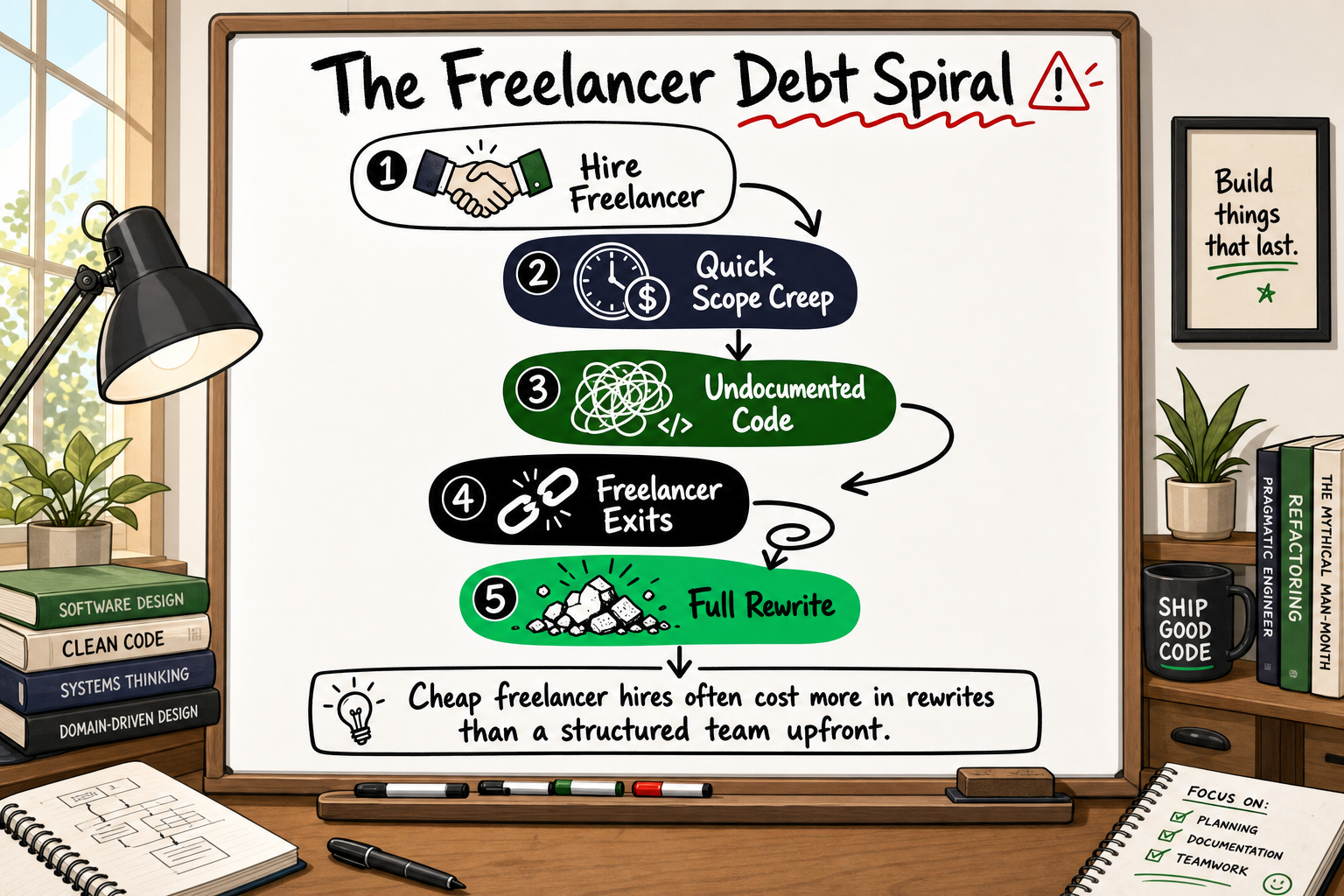Whiteboard flowchart showing how freelancer technical debt leads to a full startup code rewrite spiral.