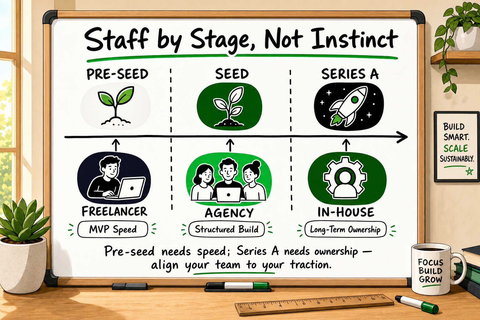 Whiteboard timeline mapping pre-seed, seed, and Series A startup stages to freelancer, agency, and in-house staffing models.