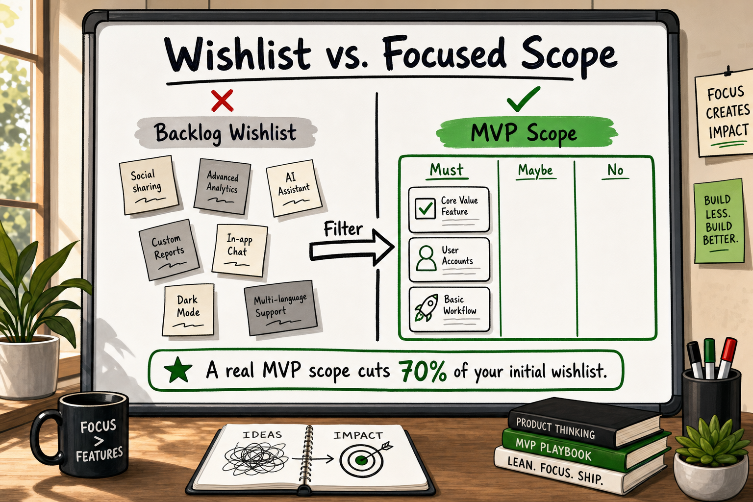 Whiteboard comparing a cluttered product backlog to a clean MVP priority board — illustrating focused MVP scoping