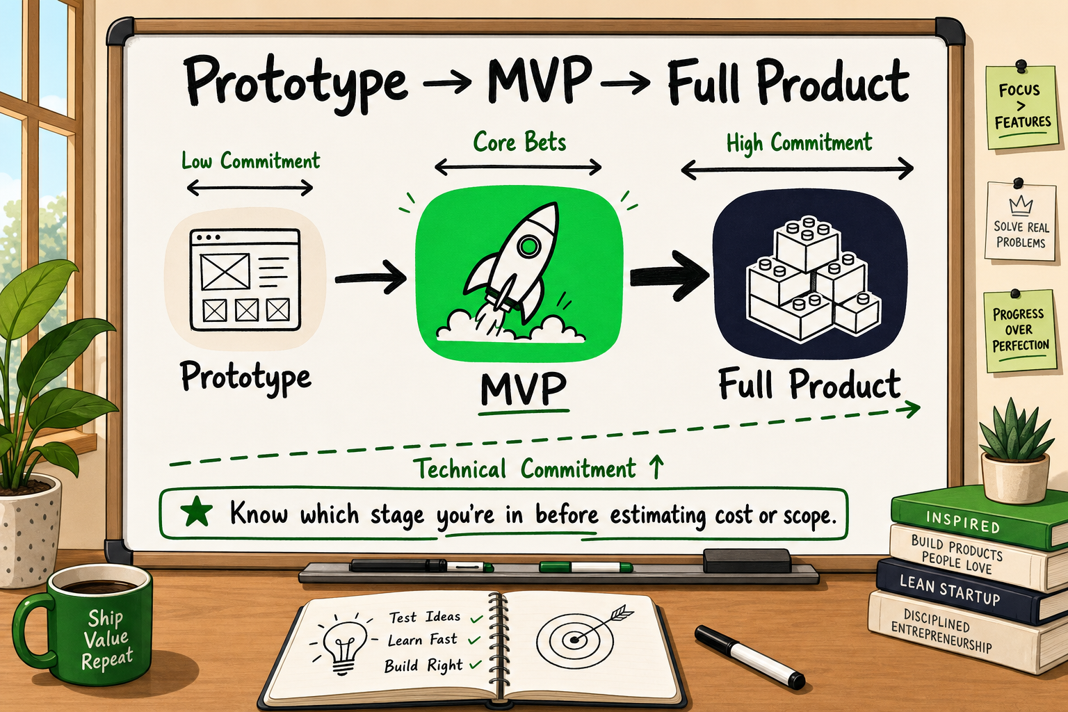 Whiteboard flow diagram showing the spectrum from prototype to MVP to full product with increasing technical commitment