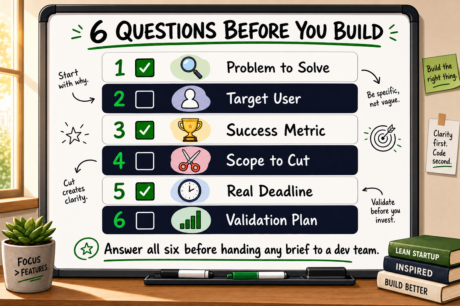 Whiteboard checklist infographic showing six pre-build scoping questions founders must answer before starting MVP development