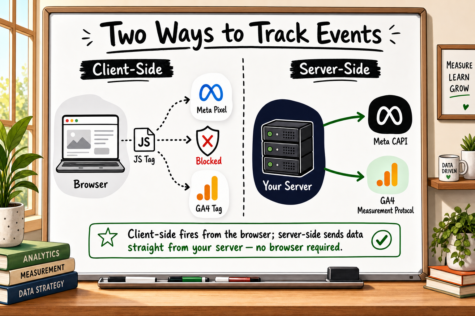 Diagram showing client-side JavaScript tag tracking versus server-side direct data sending to Meta and GA4
