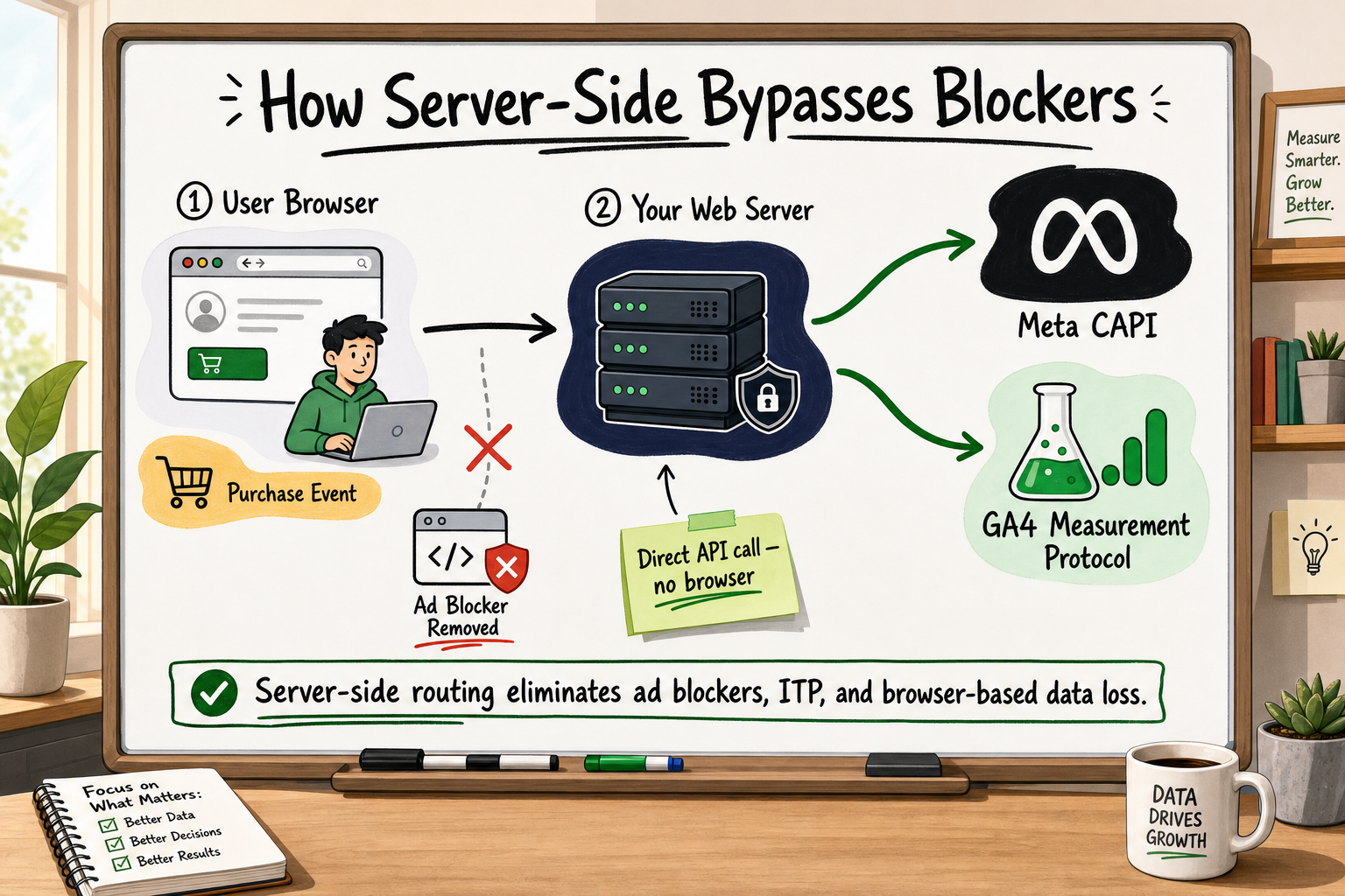 Server-side tracking infrastructure diagram showing purchase event sent directly to Meta CAPI and GA4, bypassing ad blockers