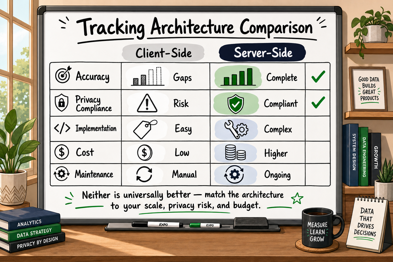Side-by-side comparison of client-side vs server-side tracking across accuracy, privacy, cost, complexity, and maintenance