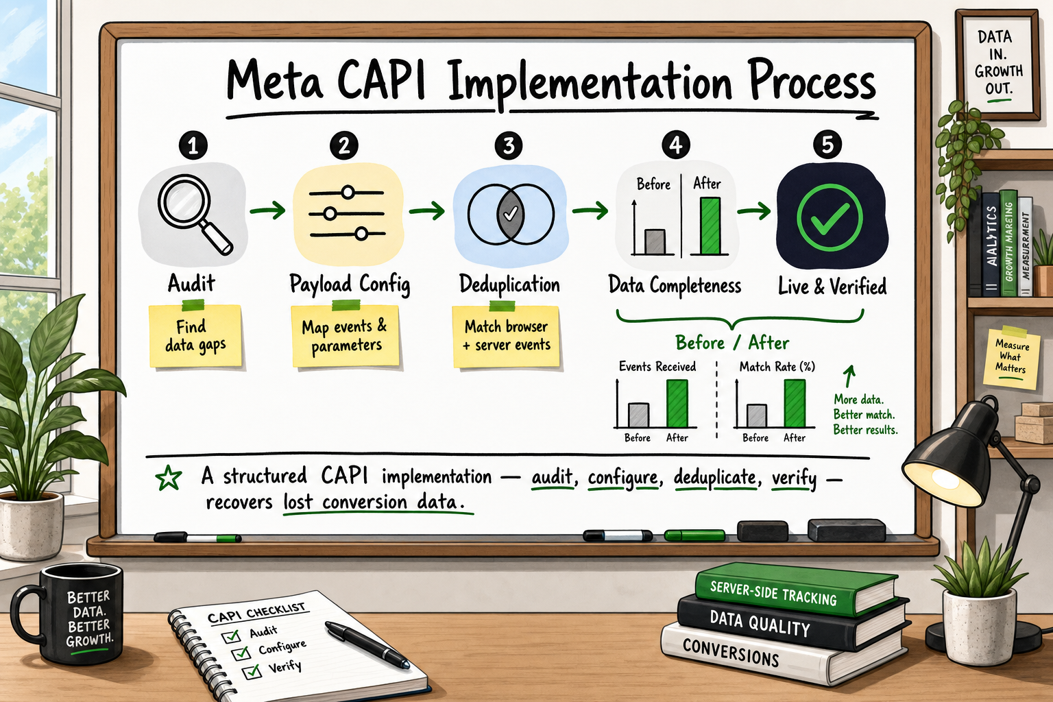 Workflow diagram showing Meta CAPI implementation steps: audit, payload config, deduplication, and data completeness comparis