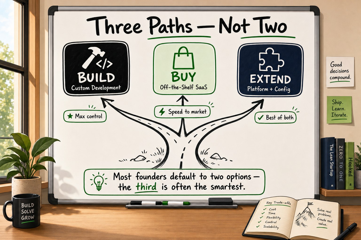 Three-way fork diagram showing Build, Buy, and Extend as distinct software decision paths for founders.