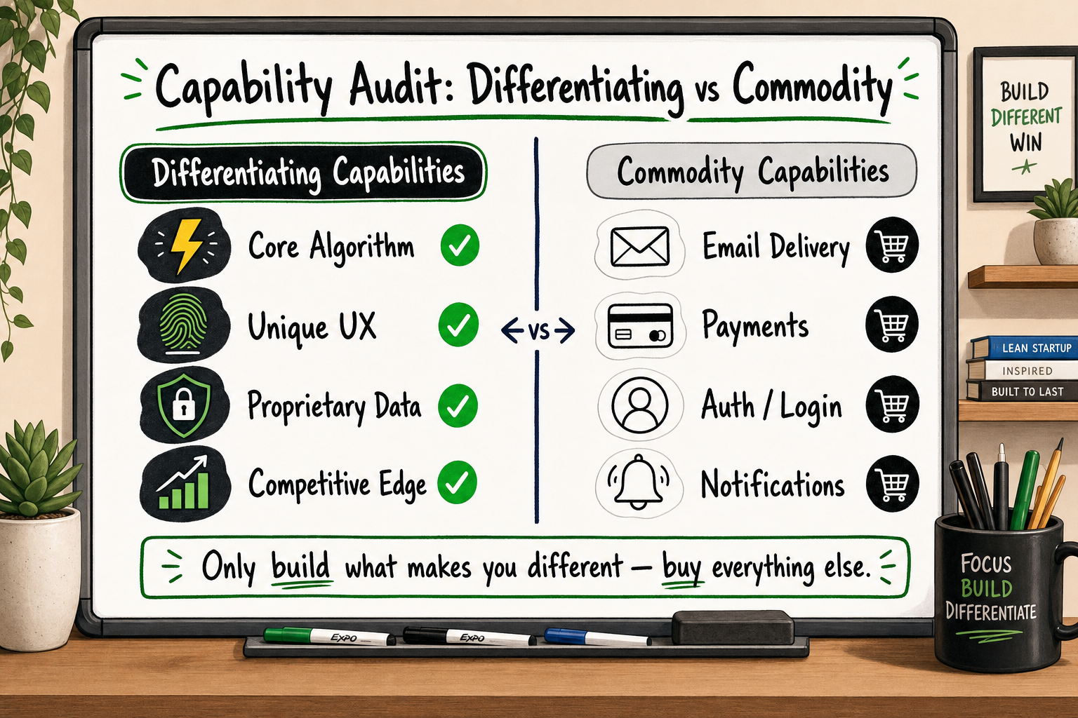 Two-column capability audit comparing differentiating vs commodity software capabilities for a build vs buy decision.