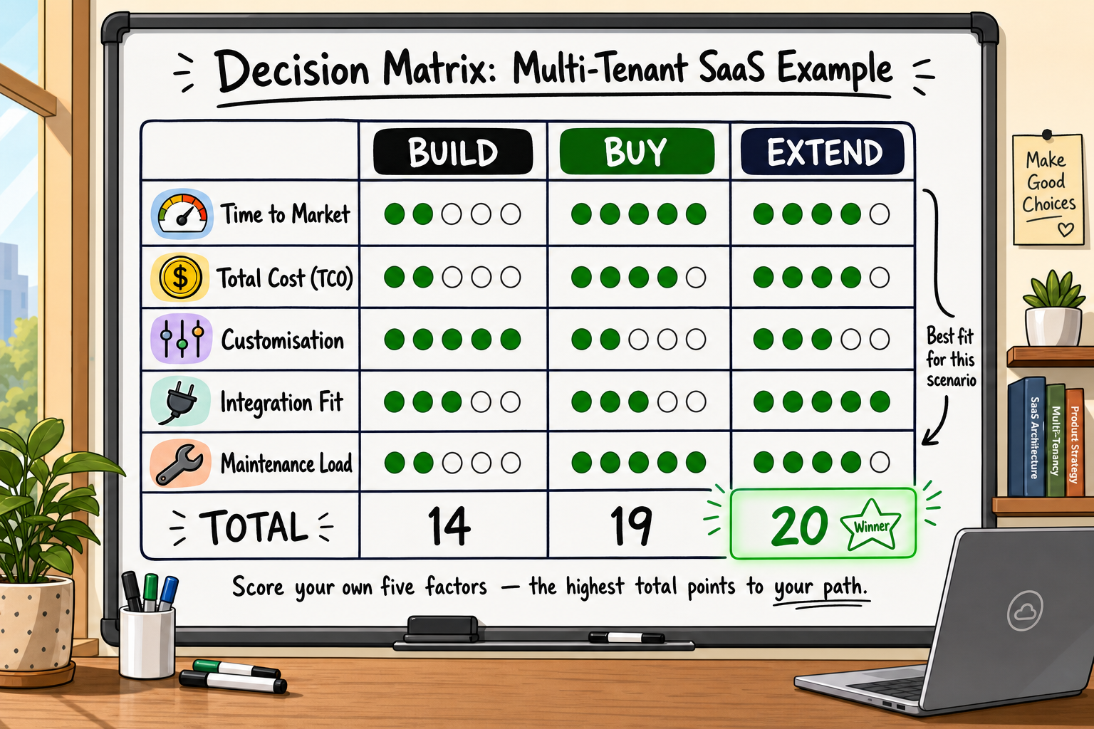 Filled decision matrix scoring Build, Buy, and Extend across five factors for a multi-tenant SaaS build vs buy framework.