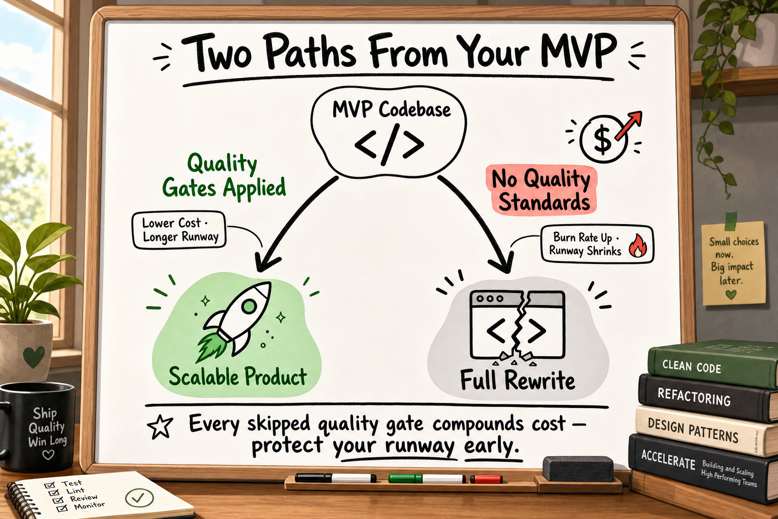 Diagram of two MVP paths: quality gates applied leads to scalable product; no quality standards leads to costly full rewrite.