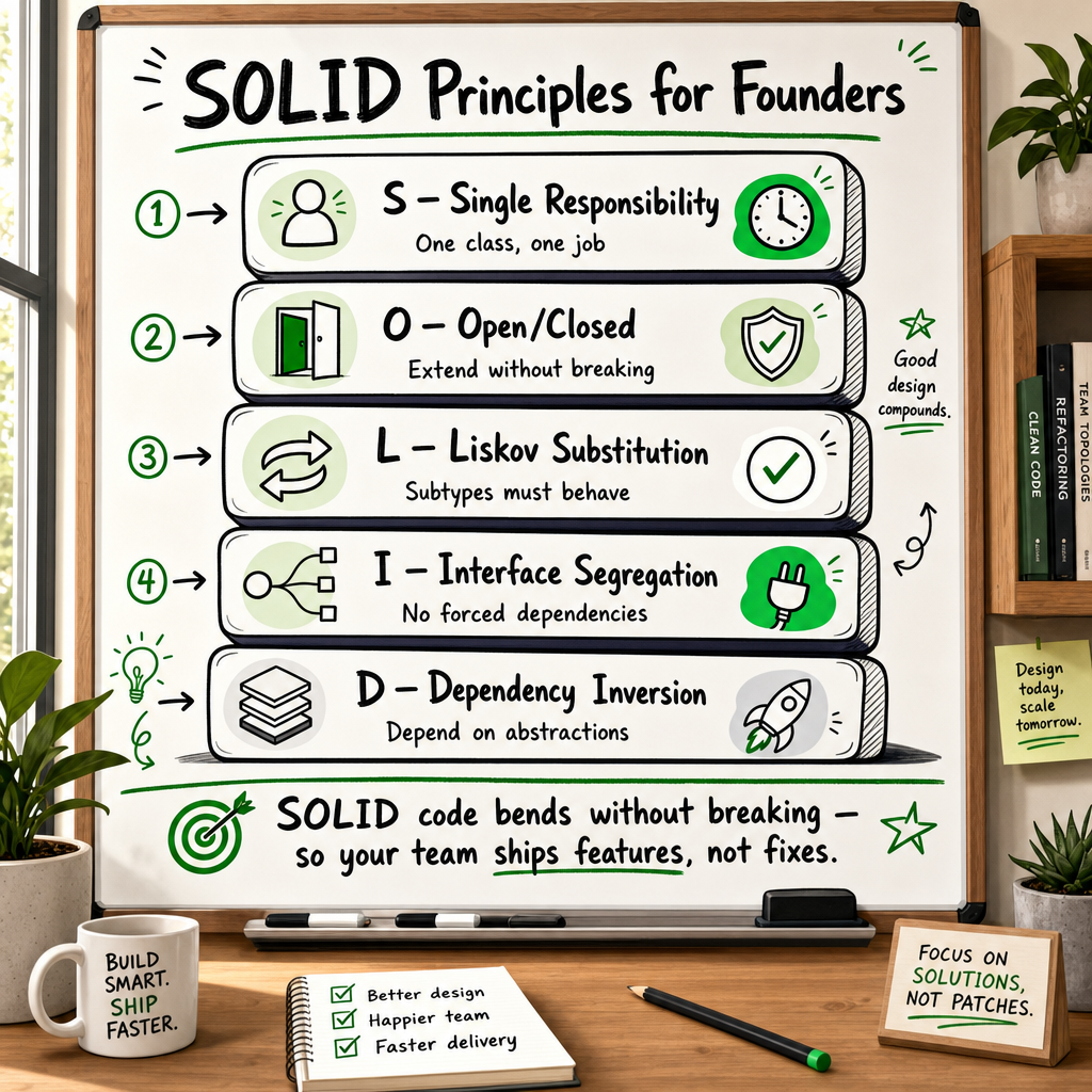 SOLID principles infographic: five stacked building blocks each with a plain-language summary and business-consequence icon f