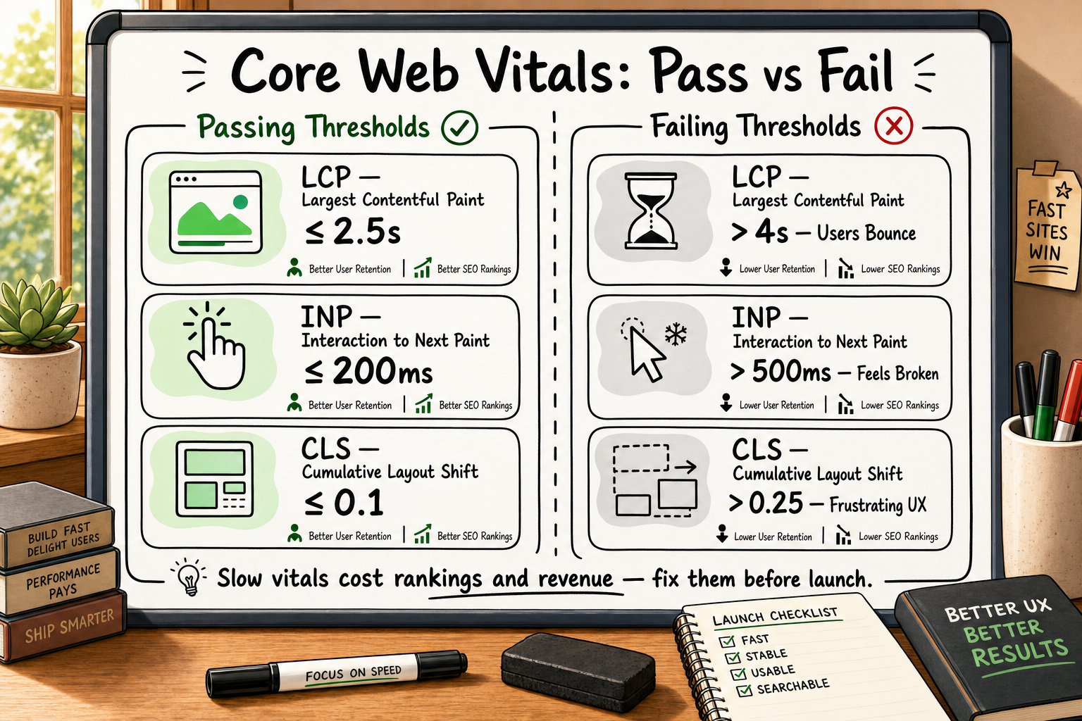 Core Web Vitals side-by-side comparison: LCP, INP, and CLS passing scores in green versus failing scores in grey with SEO and