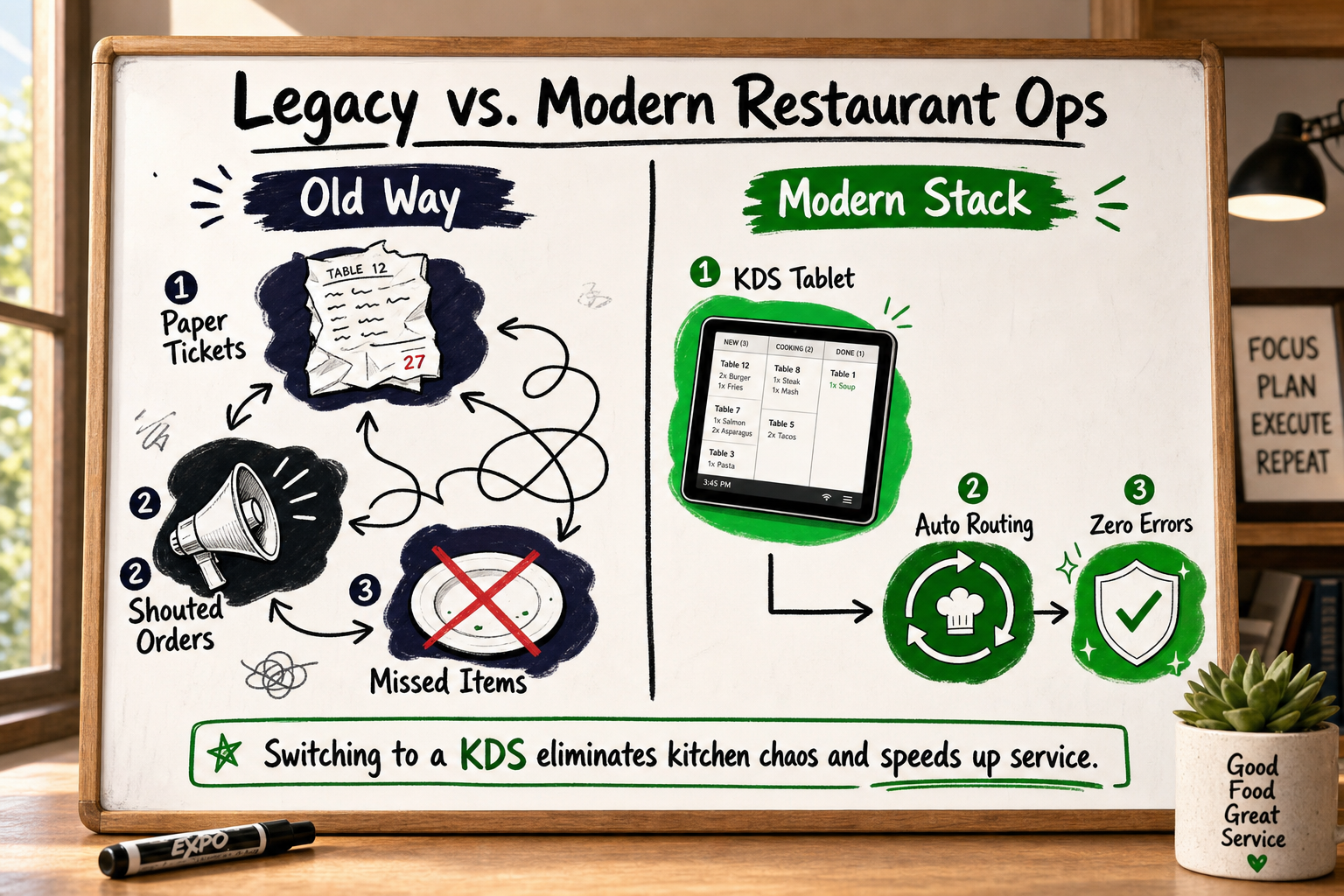 Side-by-side whiteboard diagram comparing paper-ticket legacy restaurant kitchen versus modern tablet-based kitchen display s