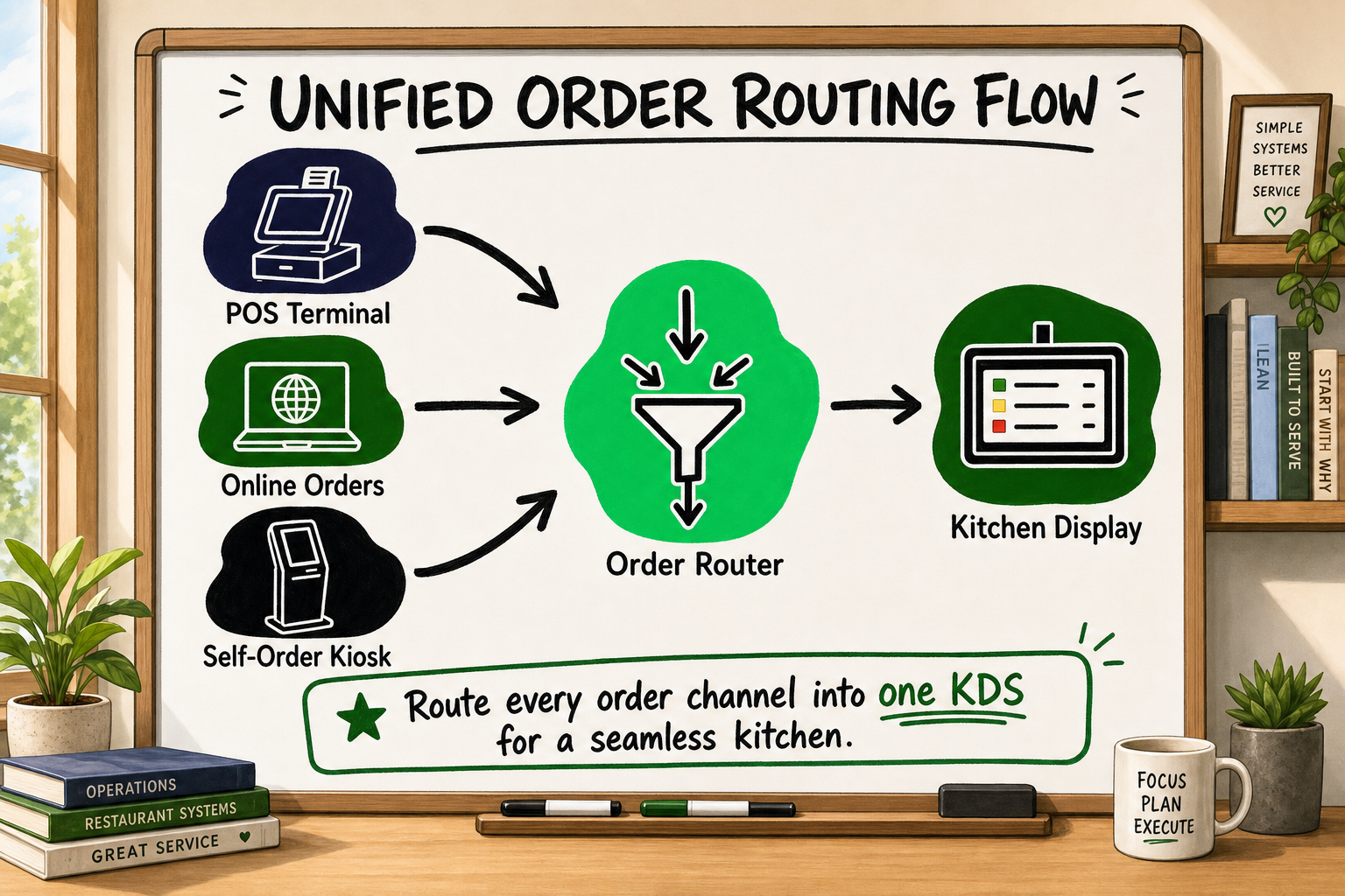 Whiteboard flow diagram showing POS, online ordering, and kiosk order channels unified into a single restaurant kitchen displ