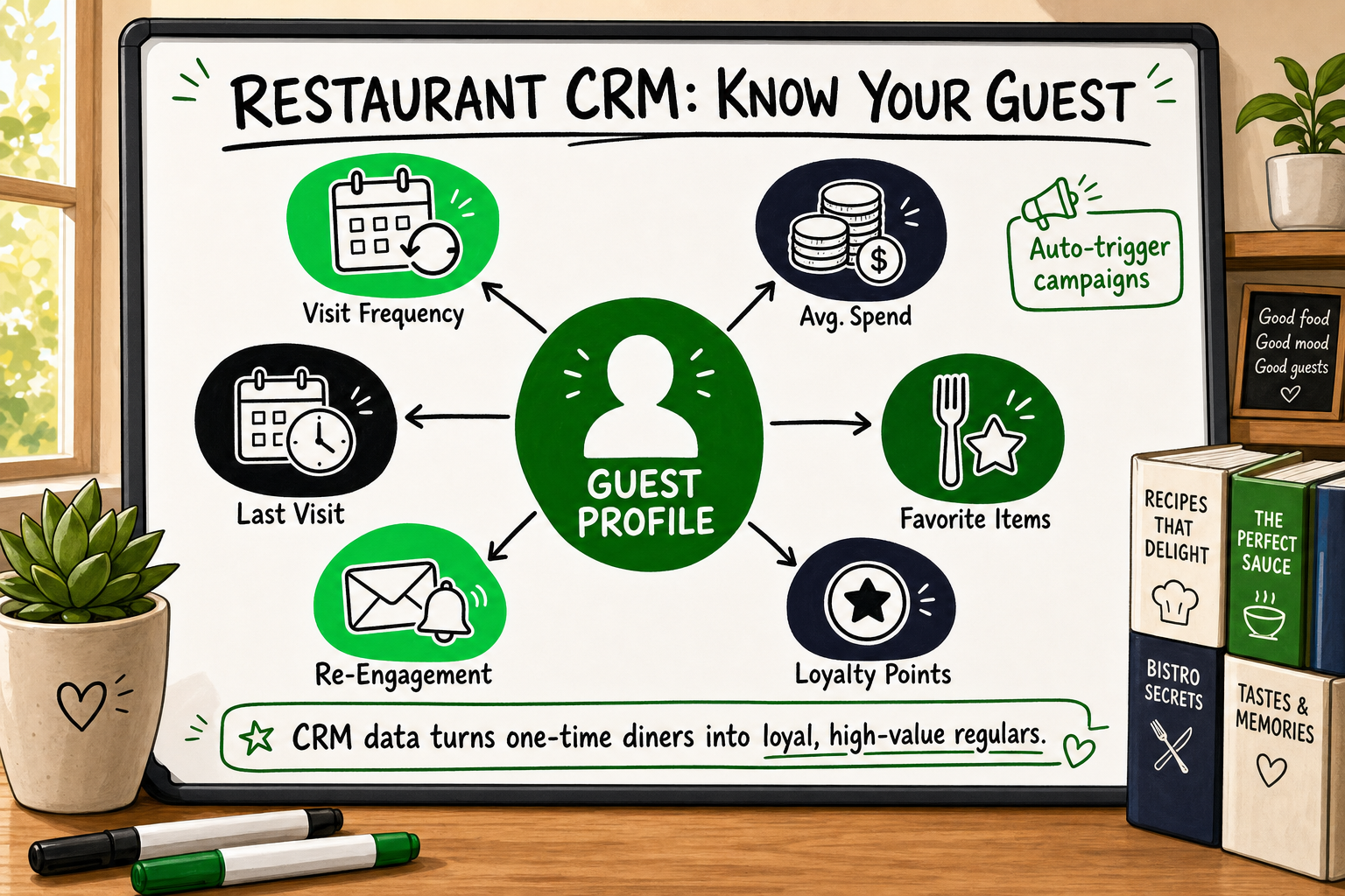 Whiteboard hub-and-spoke infographic of a restaurant CRM dashboard showing guest data, visit frequency, and loyalty re-engage