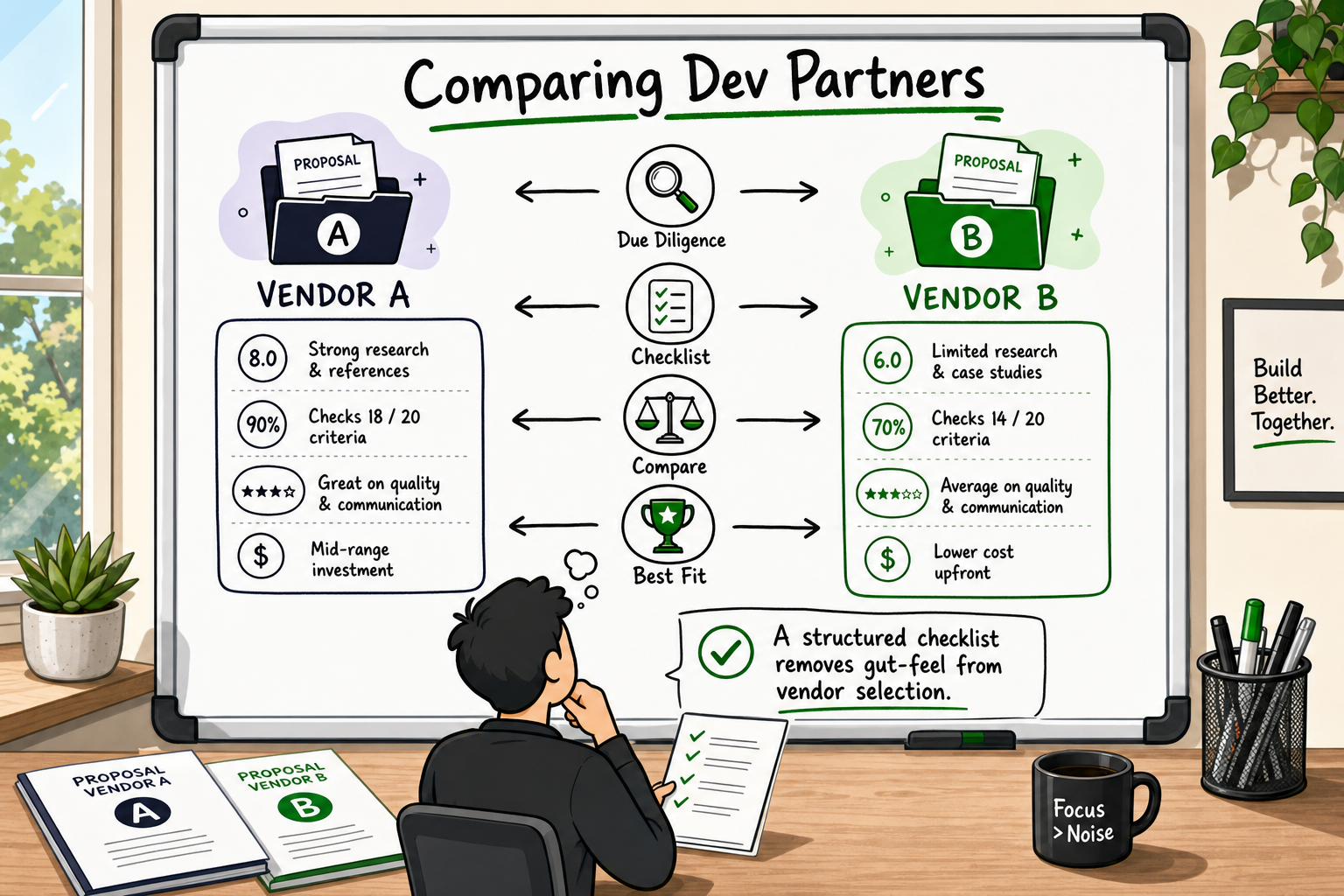 Whiteboard diagram of a founder comparing two software development partner proposals using a structured checklist