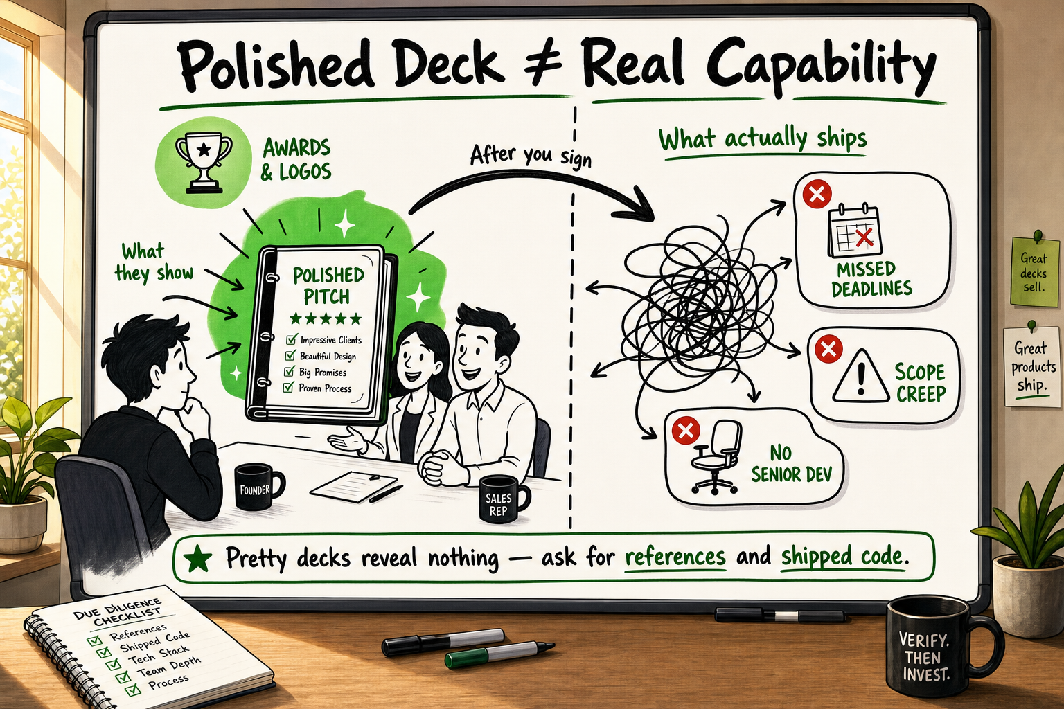 Whiteboard diagram contrasting a polished agency pitch deck with the reality of poor software delivery outcomes.